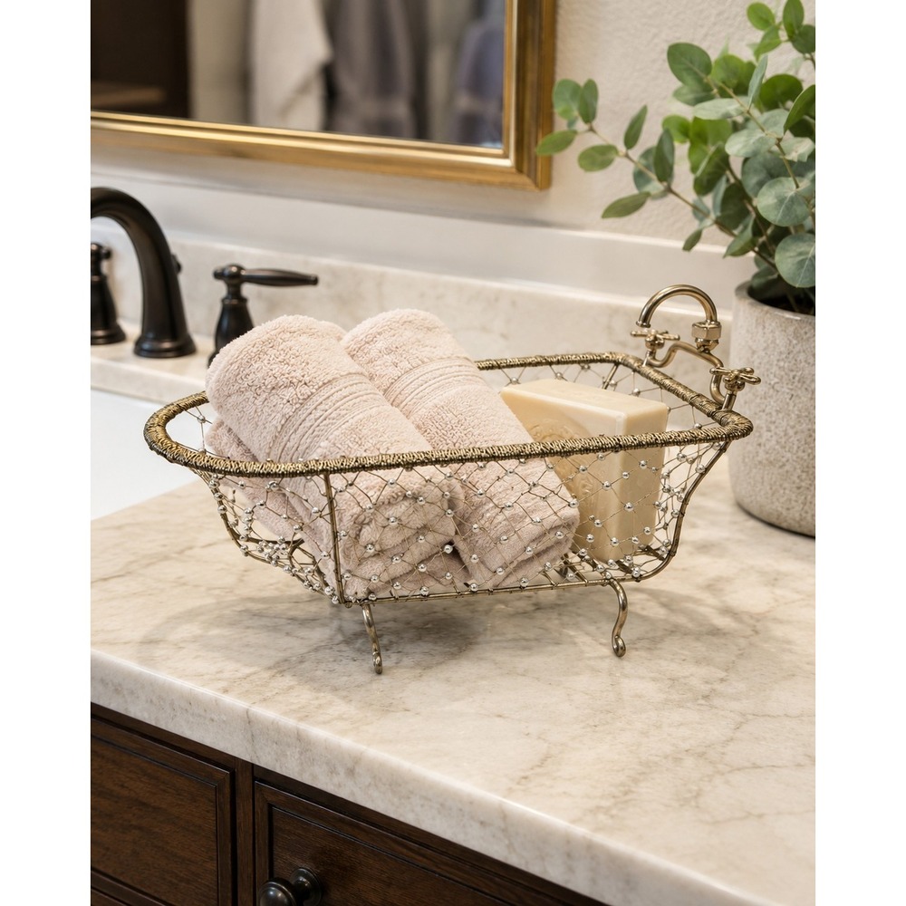 Gold Wire Beaded Clawfoot Bathtub Basket Bathroom Vanity Caddy Towel Soap Holder